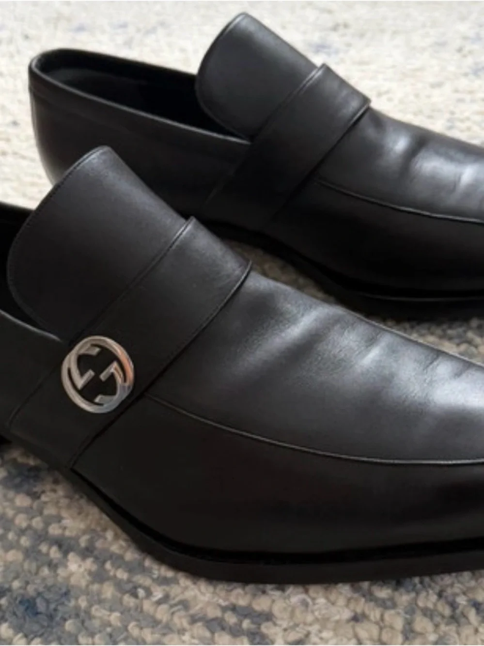 Gucci Black Leather Interlocking G Loafers  14D Excellent Made in Italy